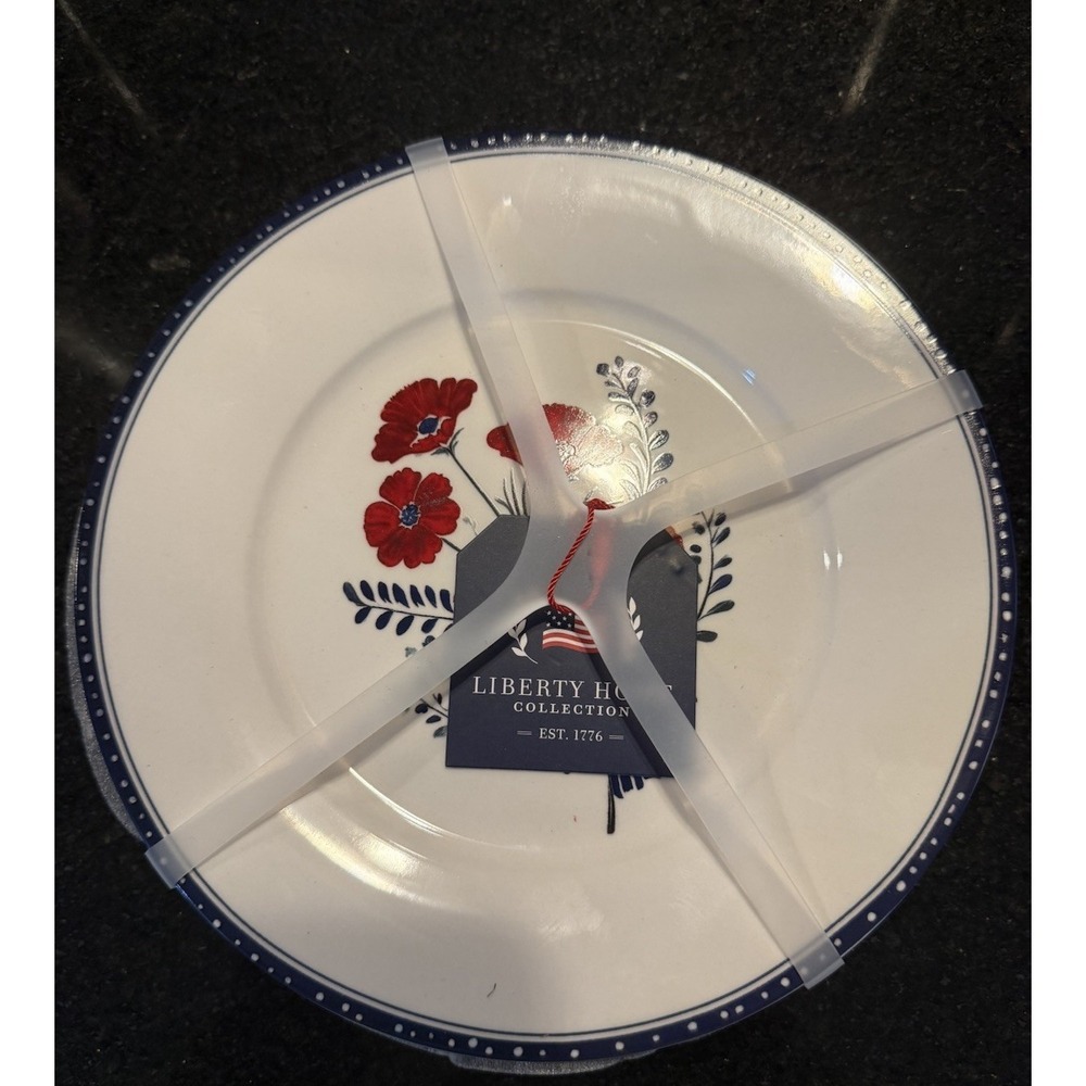 Liberty Home Red Poppies Blue Trim 8" Salad  Plates Set Of 4 ~ New